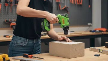 Person bohrt in einen Betonblock.