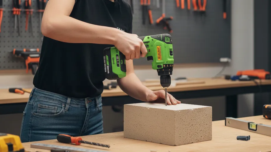 Person bohrt in einen Betonblock.