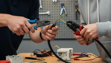 Two people stripping wires on a workbench.