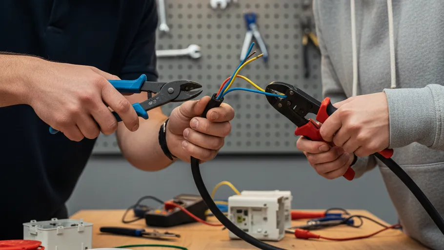 Two people stripping wires on a workbench.