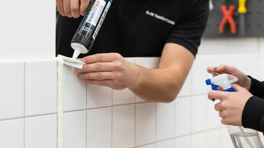 Person applying sealant to white tiled wall.