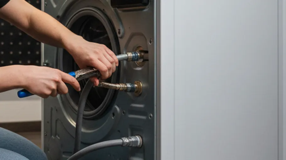 Person fixing washing machine with pliers.