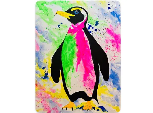 Colorful penguin painting on vibrant splattered background.