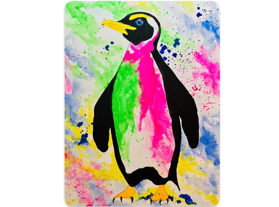 Colorful penguin painting on vibrant splattered background.