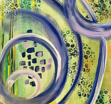 Abstract painting with swirling purple lines.