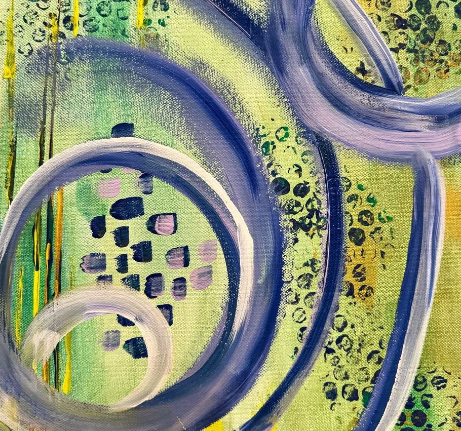 Abstract painting with swirling purple lines.