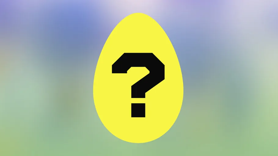Yellow egg with question mark, blurred background.