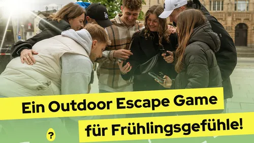 Group enjoys outdoor escape game in city.