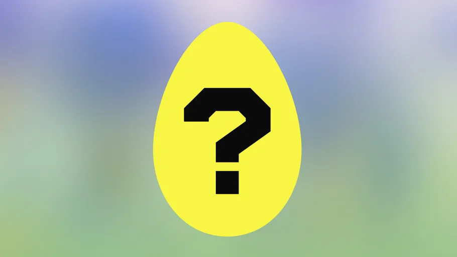 Yellow egg with a question mark, blurred background.