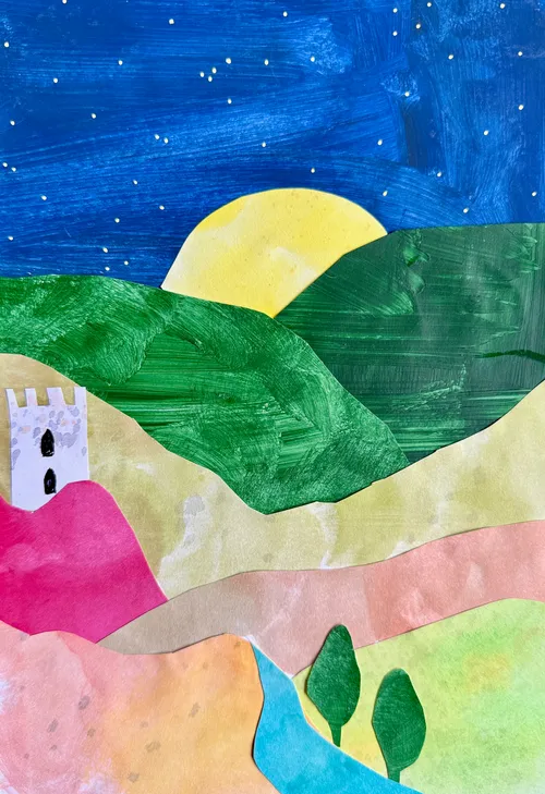 Bunte Landschaftskollage mit Turm unter Sternenhimmel.