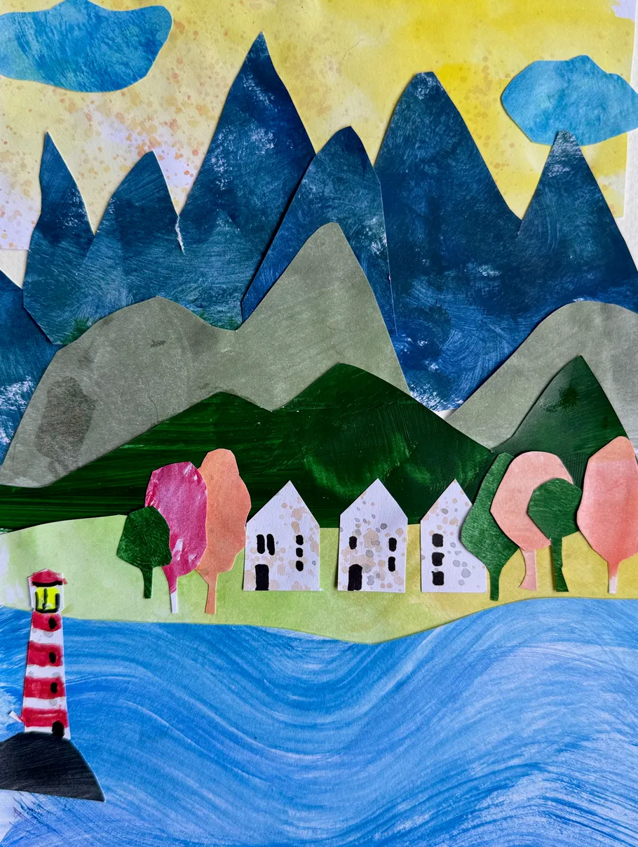 Collage of mountains, trees, and a lighthouse.