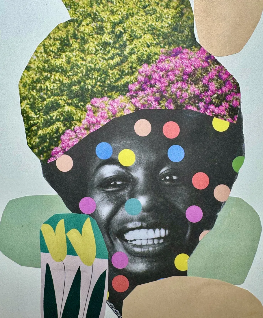 Collage with smiling face, flowers, and dots.