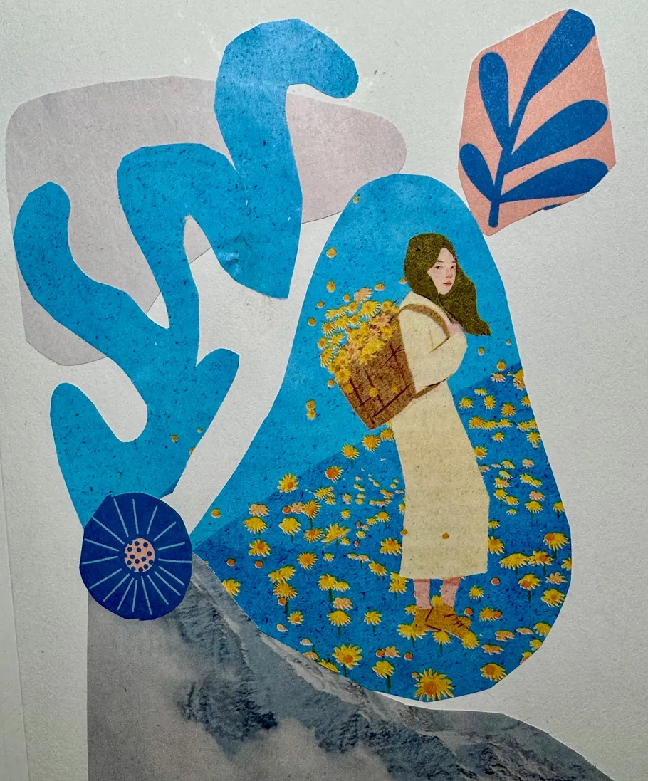 Frau trägt Blumen in abstrakter bunter Collage.