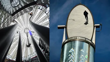 Moderne Architektur mit einzigartiger Struktur und Reflexionen.