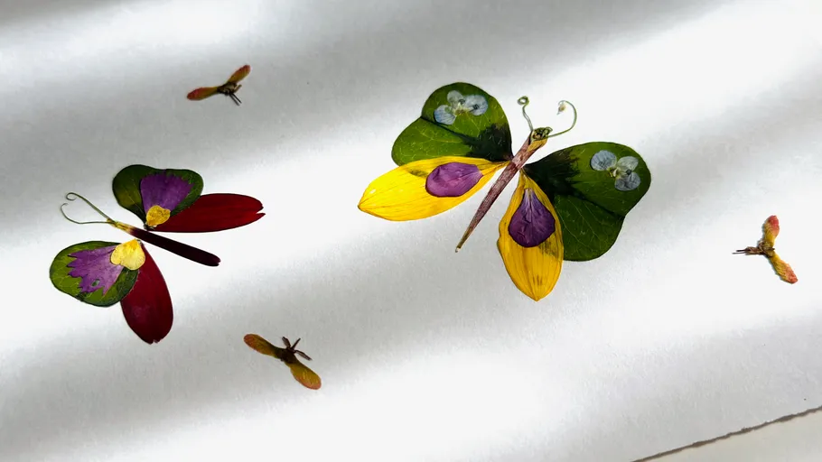 Colorful butterflies made of leaves and petals.
