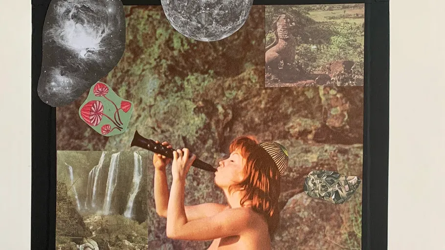 Person plays flute in surreal nature collage.