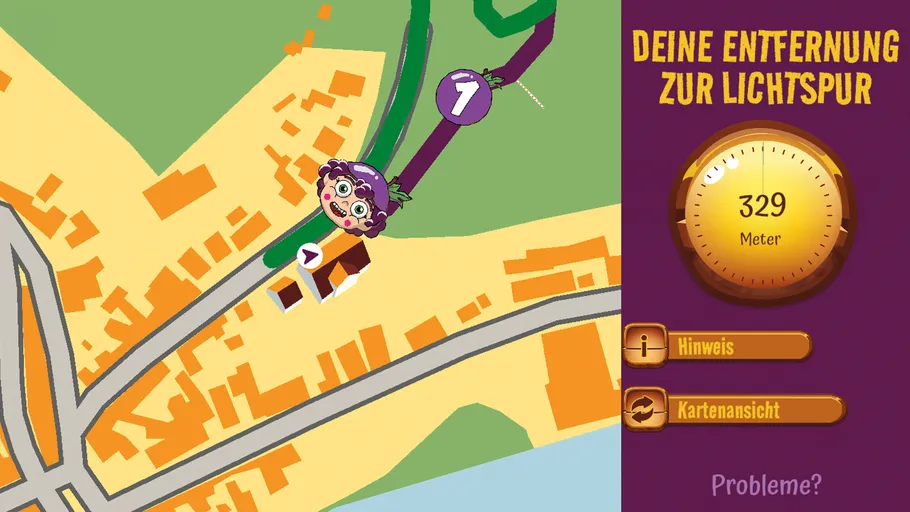 Karte zeigt Entfernung zum Ziel mit Charakter.