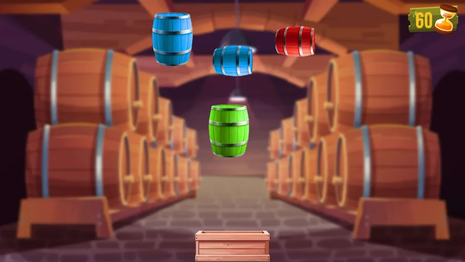Lustiges Mini-Spiel mit bunten Fässern