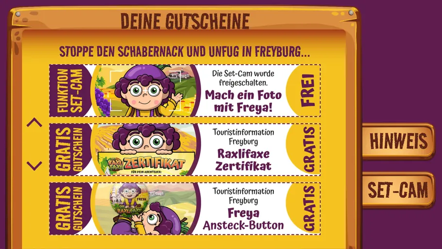 Drei Gutscheine die man gewinnen kann.