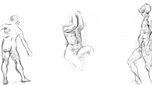 Three hand-drawn nude figure sketches, different poses.
