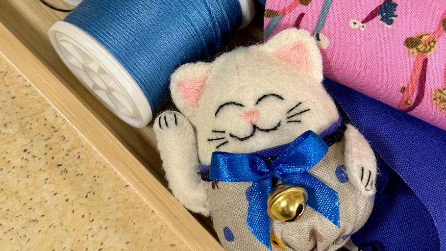 Fabric cat toy and blue thread spool.