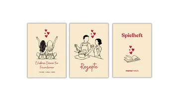 Three illustrated cards with cooking and love themes.