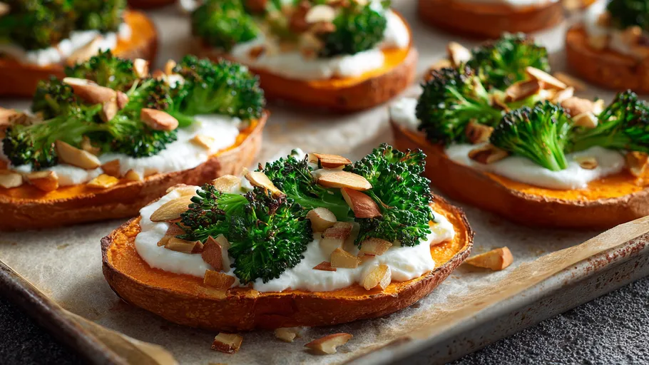 Sweet potato slices with broccoli and almonds on tray.