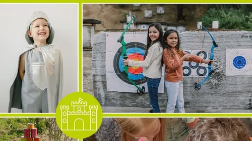 Kinder in Kostümen und Bogenschießen im Freien.