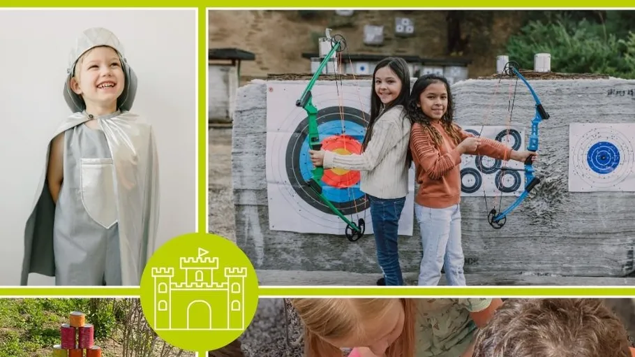 Kinder in Kostümen und Bogenschießen im Freien.