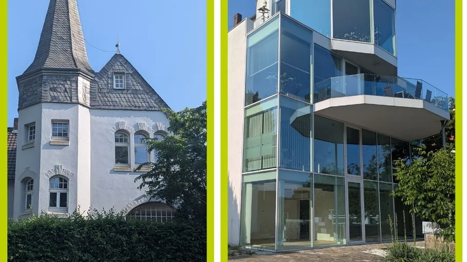 Altes Backsteinhaus links, modernes Glasgebäude rechts.