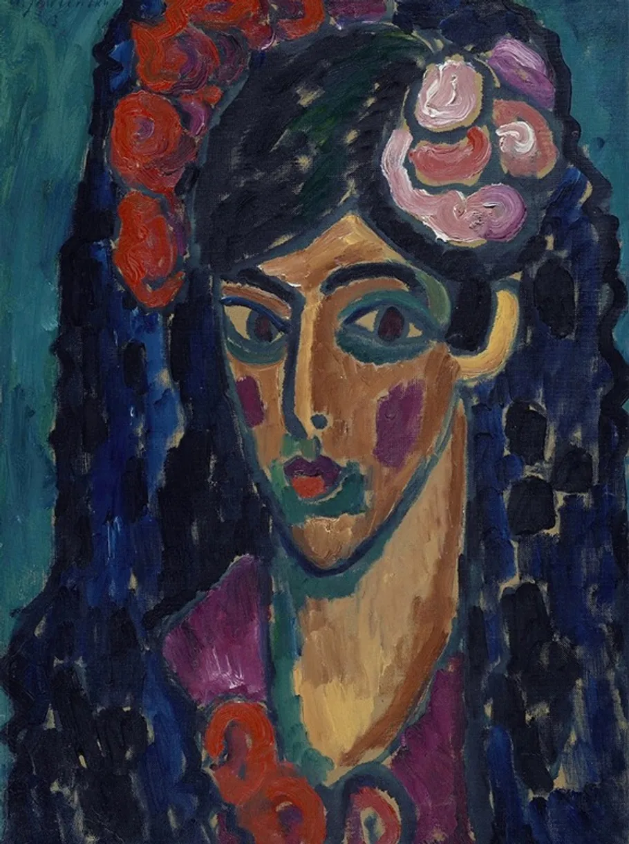 Colorful portrait of a woman with flowers.