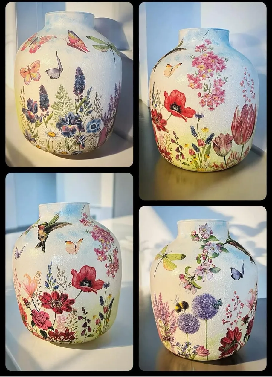 Colorful floral vases with various butterflies.