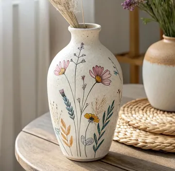 Dekorative Vase mit Blumendesign auf Tisch.