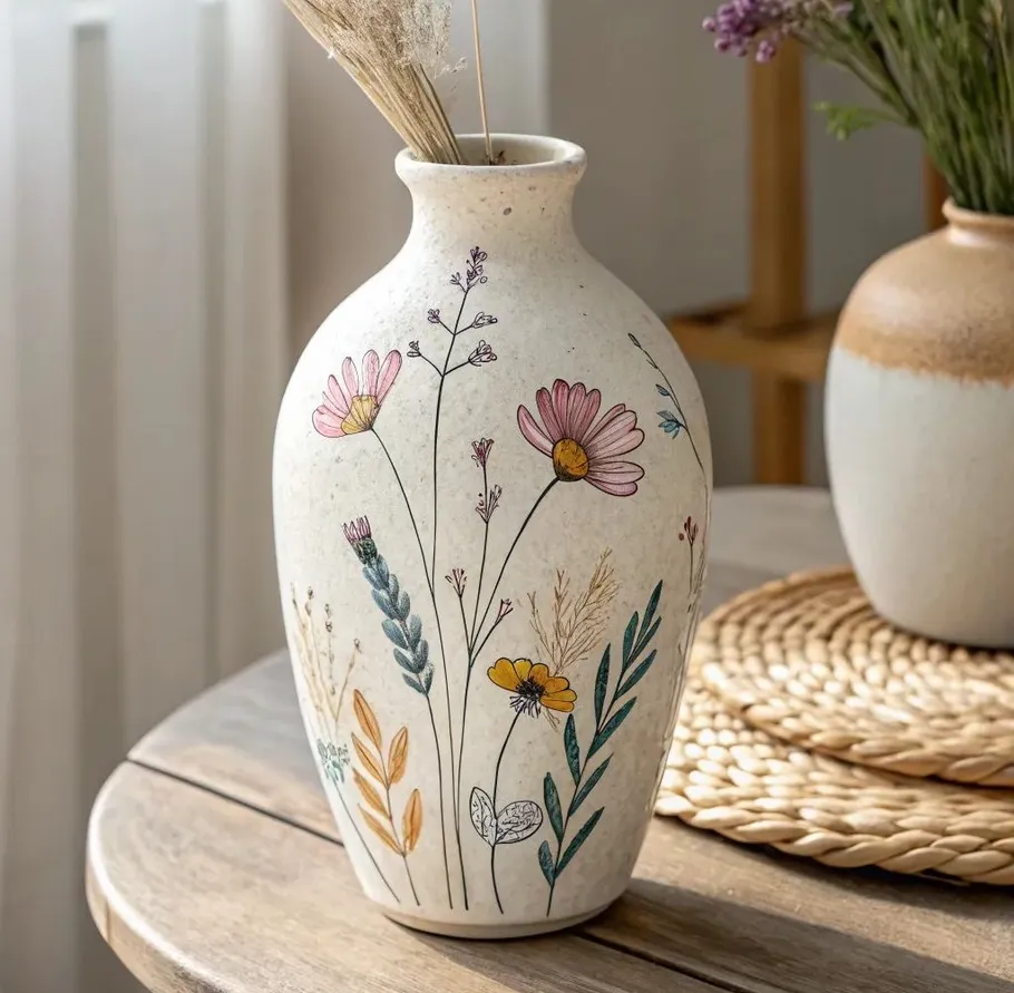 Decorative vase with floral design on table.