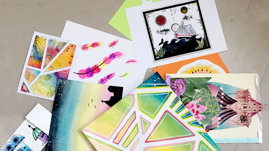 Colorful abstract art pieces on a surface.