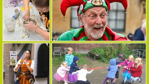 Collage: crafting, jester, musician, children playing.