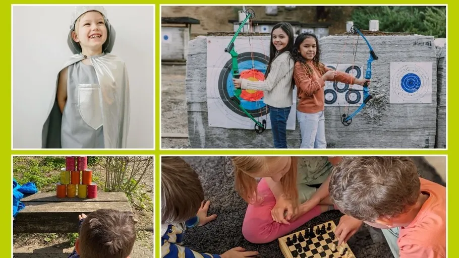 Kinder in Kostümen und bei Spielen im Freien.