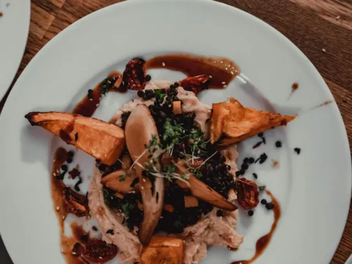 A plate of artistic, plant-based dish in sauce.