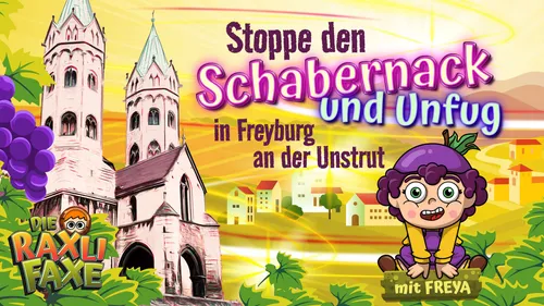 Zeichentrickfigur mit Kirche und Trauben im Hintergrund.