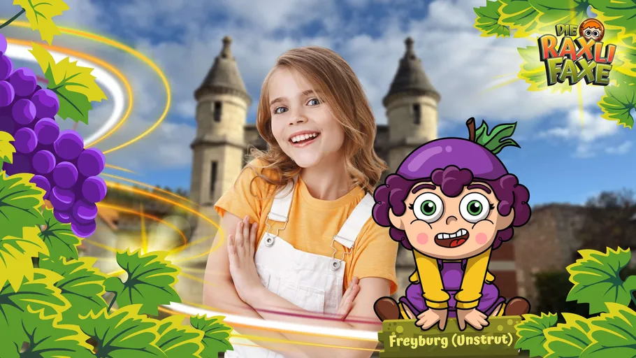 Lächelndes Kind und Cartoonfigur am Schloss.