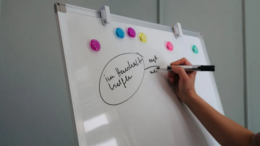 Whiteboard mit Hand schreibt Text darauf.