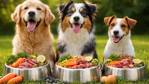 Three dogs sitting with bowls of food outside.