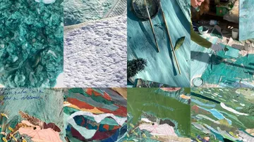Collage aus Texturen, Malerei und kreativem Arbeitsplatz.
