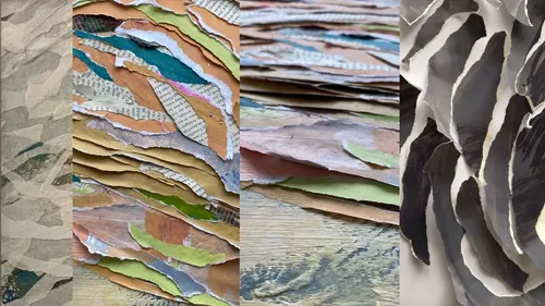 Zerrissene Papierschichten, bunt und überlappend.