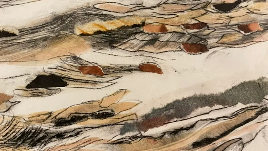 Abstract drawing with earthy tones and textures.