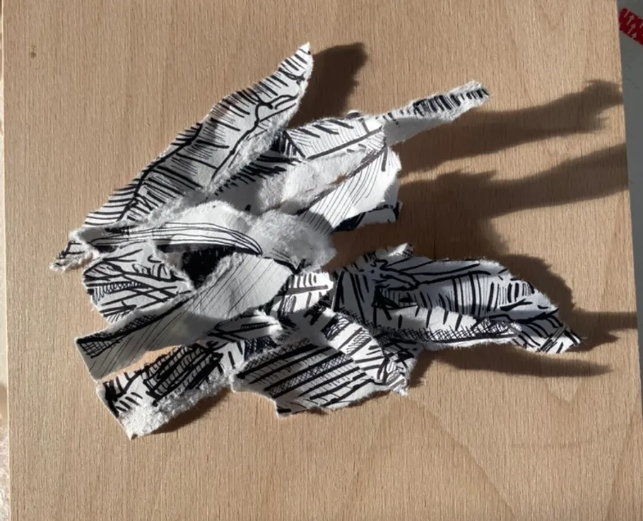 Torn paper with black lines on wood surface.