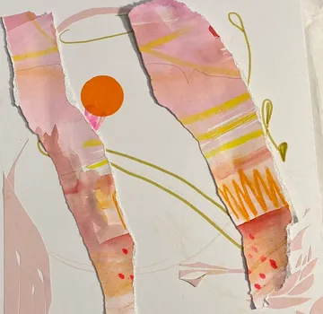 Torn colorful paper collage with abstract patterns.