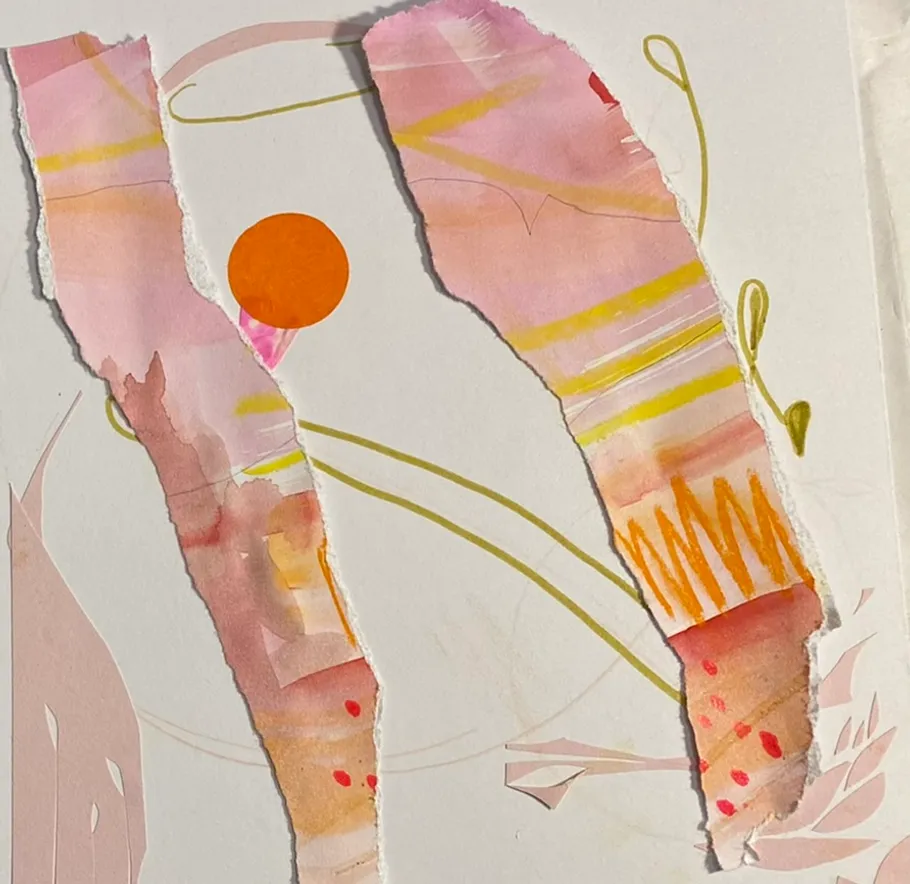 Torn colorful paper collage with abstract patterns.