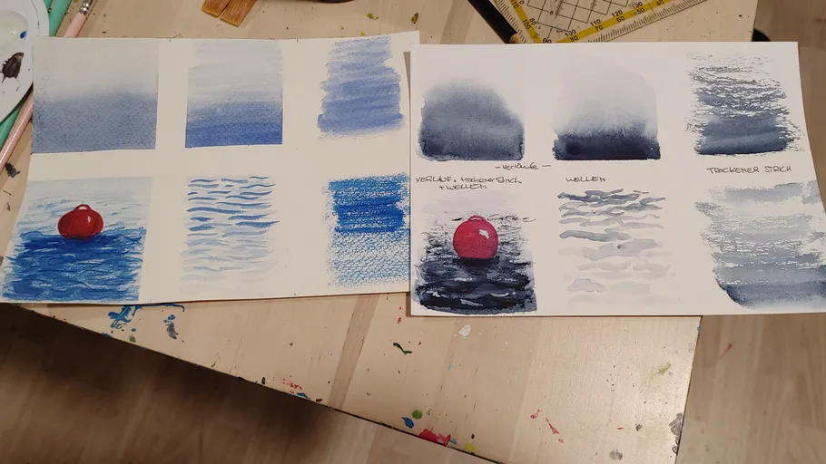 Paint samples and techniques on paper sheets.