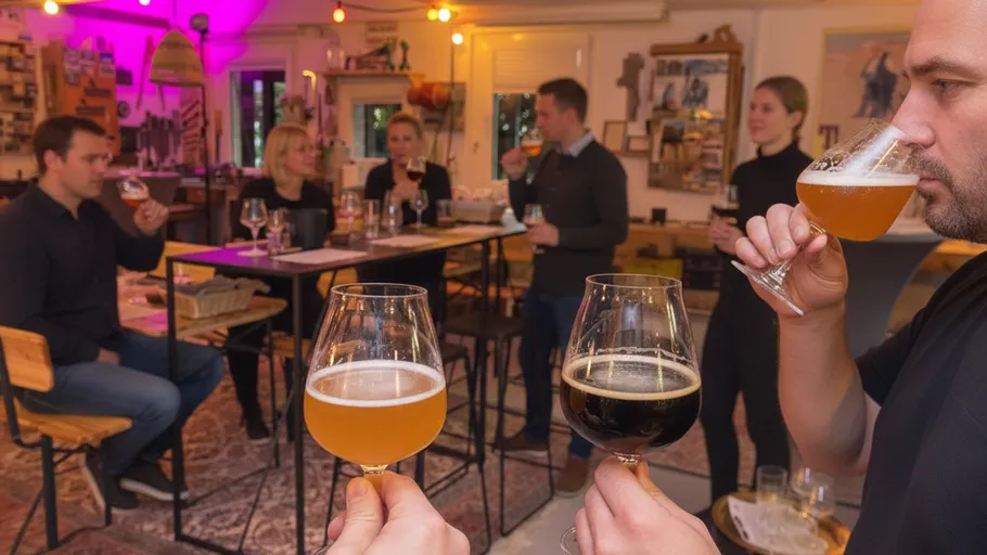 Gruppe verkostet Craft-Bier in gemütlicher Bar.